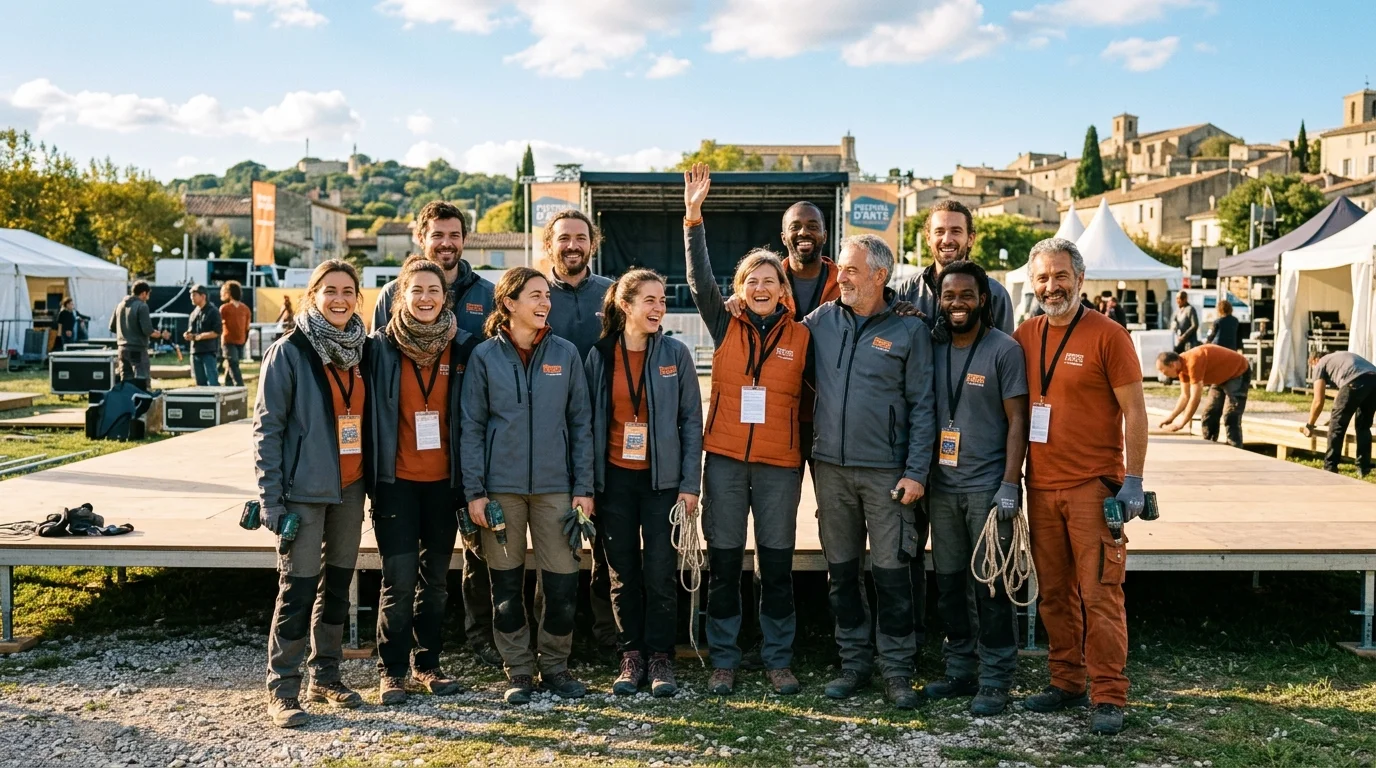 Groupe de bénévoles actifs sur un chantier scénique d'AFROPOLITAN @